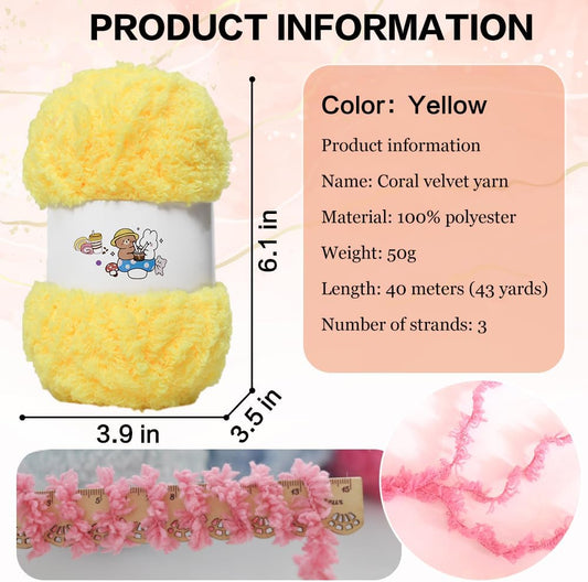 6 PCS Soft Coral Velvet Chenille Yarn for Crocheting,Fluffy Yarn for Knitting and Crochet DIY Craft,Warm Crochet for Bag Hat Scarve Gloves Slippers Dolls(Yellow)