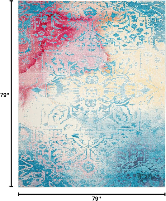 Watercolor Collection 6'7" Round Light Blue / Light Yellow WTC620G Boho Chic Overdyed Medallion Non-Shedding Dining Room Entryway Foyer Living Room Bedroom Area Rug