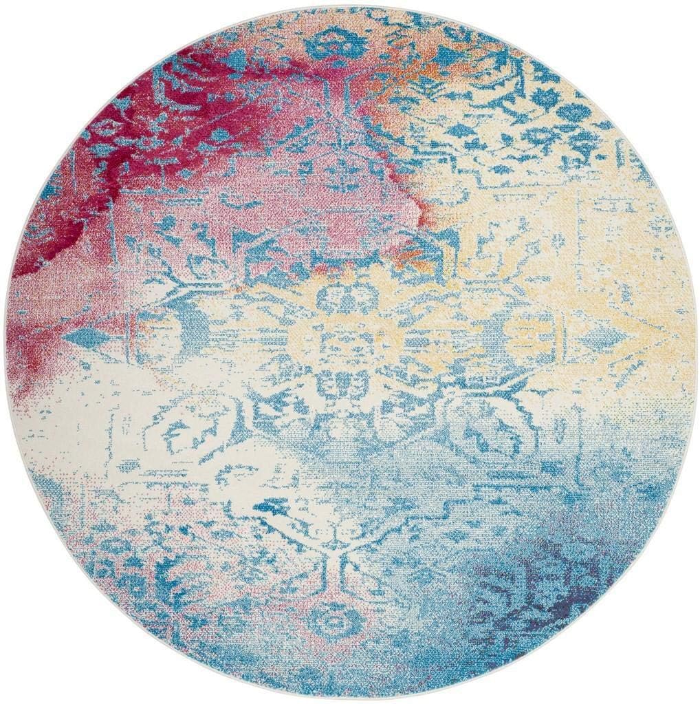Watercolor Collection 6'7" Round Light Blue / Light Yellow WTC620G Boho Chic Overdyed Medallion Non-Shedding Dining Room Entryway Foyer Living Room Bedroom Area Rug