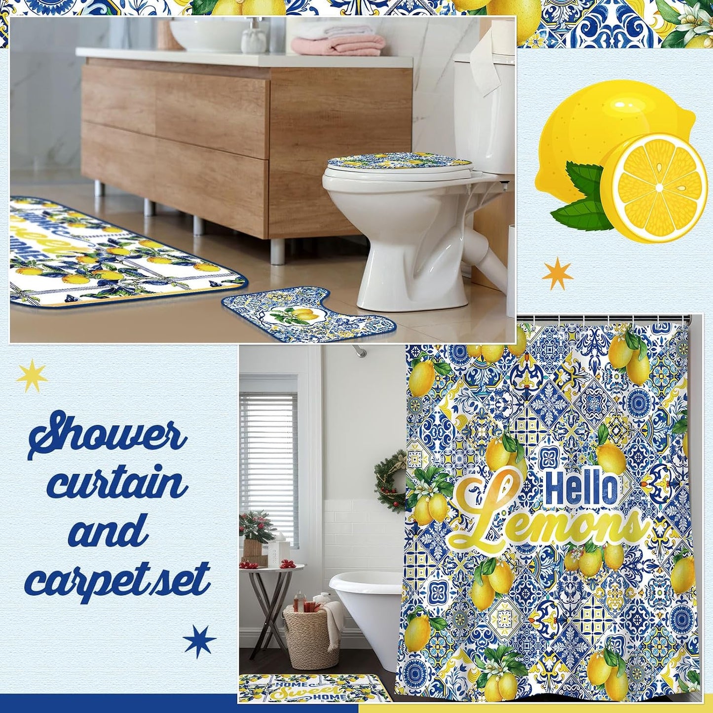 4 Pcs Ltalian Summer Capri Hello Lemons Shower Curtain Set 72x70 Amalfi Coast Lemon Shower Curtain Non Slip Rug Toilet Lid Cover, Bath Mat, Hook for Mediterranean Bathroom Amalfi Coast Decor