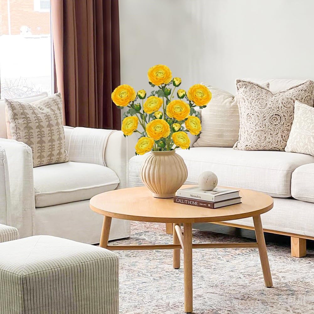 Yellow Ranunculus Artificial Flowers Bouquets, Set of 5 25.9'' Long Stems Faux Peony, Real Touch Spring Summer Floral Arrangement for Home Decor Wedding Vase Filler DIY Crafts