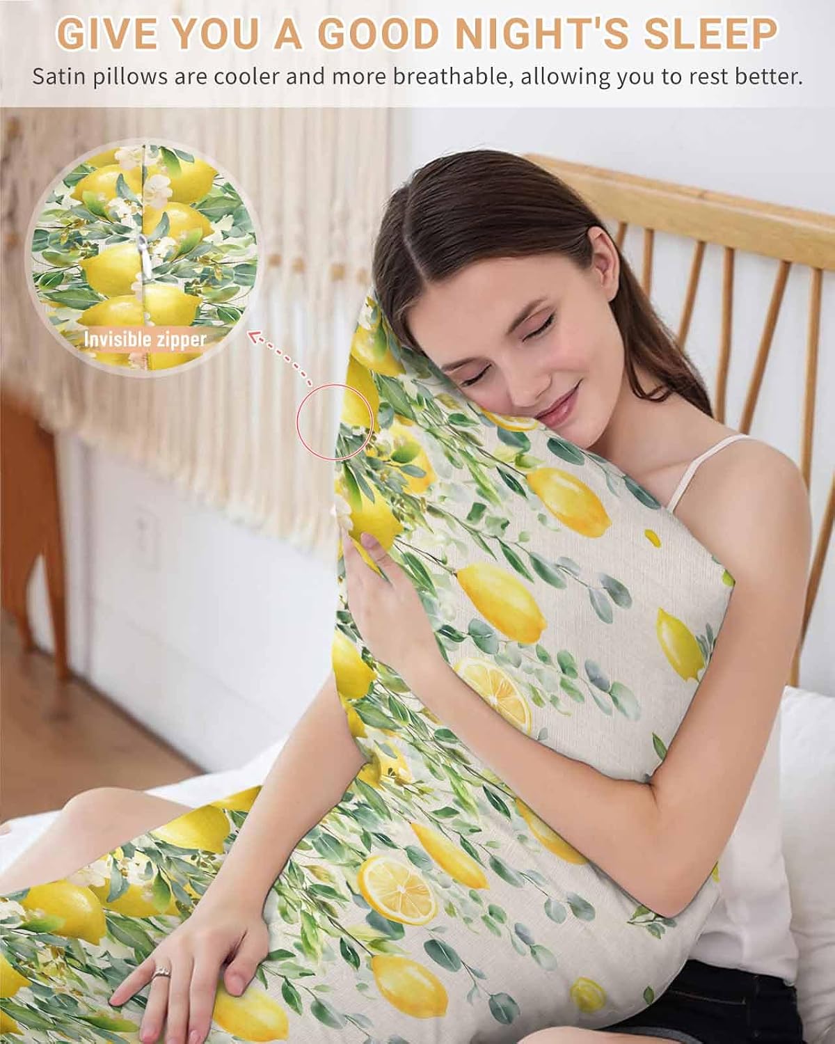 Farmhouse Satin Pillowcase for Hair and Skin King Yellow Lemon Eucalyptus Leaf Watercolor Plant Retro Linen Pillow Cases 2 Pack with Zipper, Soft Cooling Similar to Silk Pillow Covers, 20x54 Inch
