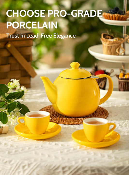 Teapot, Porcelain Tea Pot with Stainless Steel Infuser, Blooming & Loose Leaf Teapot - 27 ounce, Yellow