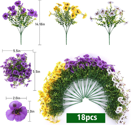 Rowfad 18 Pcs Artificial Fake Pansy Flowers for Outdoor, Faux Silk Pansies Spring Flowers for Outside for Planter Front Door Porch Yard Patio Window Box Home Decor (18, Purple, Yellow, White)