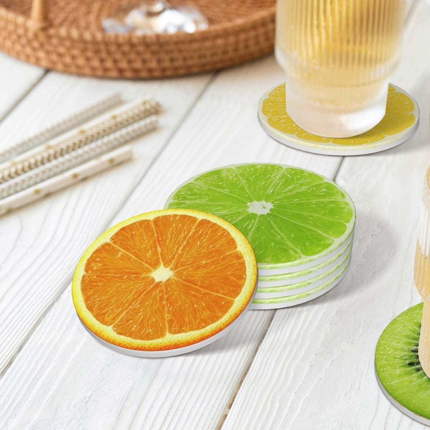 Lemon Oranges Coasters for Drinks Set of 4, Funny Fruit Ceramic Coasters with Cork Base Absorbent for Dining Tables Restaurants Cafes Home Decor,Housewarming Gift,Round
