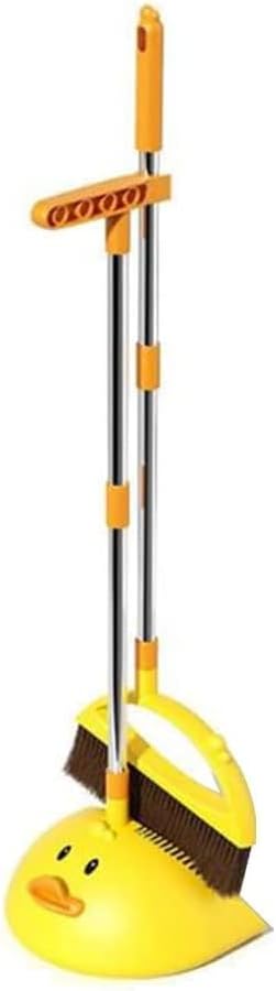 Cute Duck Cleaning Broom and Dustpan Set with Long Handle Stand Up Broom and Dustpan for Home Kitchen Room Office, Outdoor Indoor (Yellow)