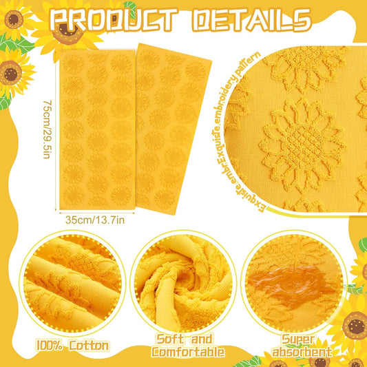 2 Pcs Sunflower Hand Towels for Bathroom 100% Cotton Jacquard Weave Bath Towel Set Soft Absorbent Dish Washcloth for Bathroom Kitchen Summer Theme Gifts 13.8 x 29.5 Inch (Yellow)