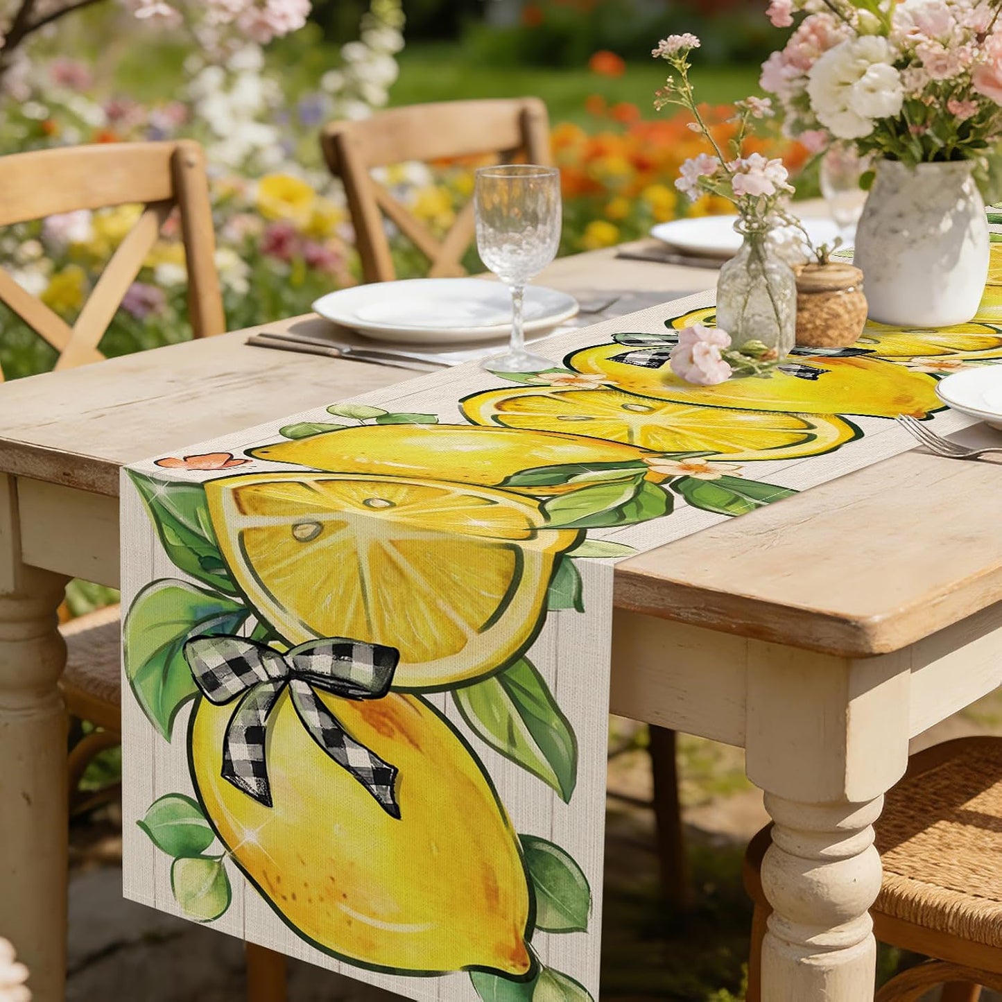 Spring Summer Lemon Dining Table Runner, Yellow Citrus Fruit Plaid Bow Burlap Kitchen Decoration, Farmhouse Indoor Outdoor Home Decor Party Supply 13 x 72 Inches
