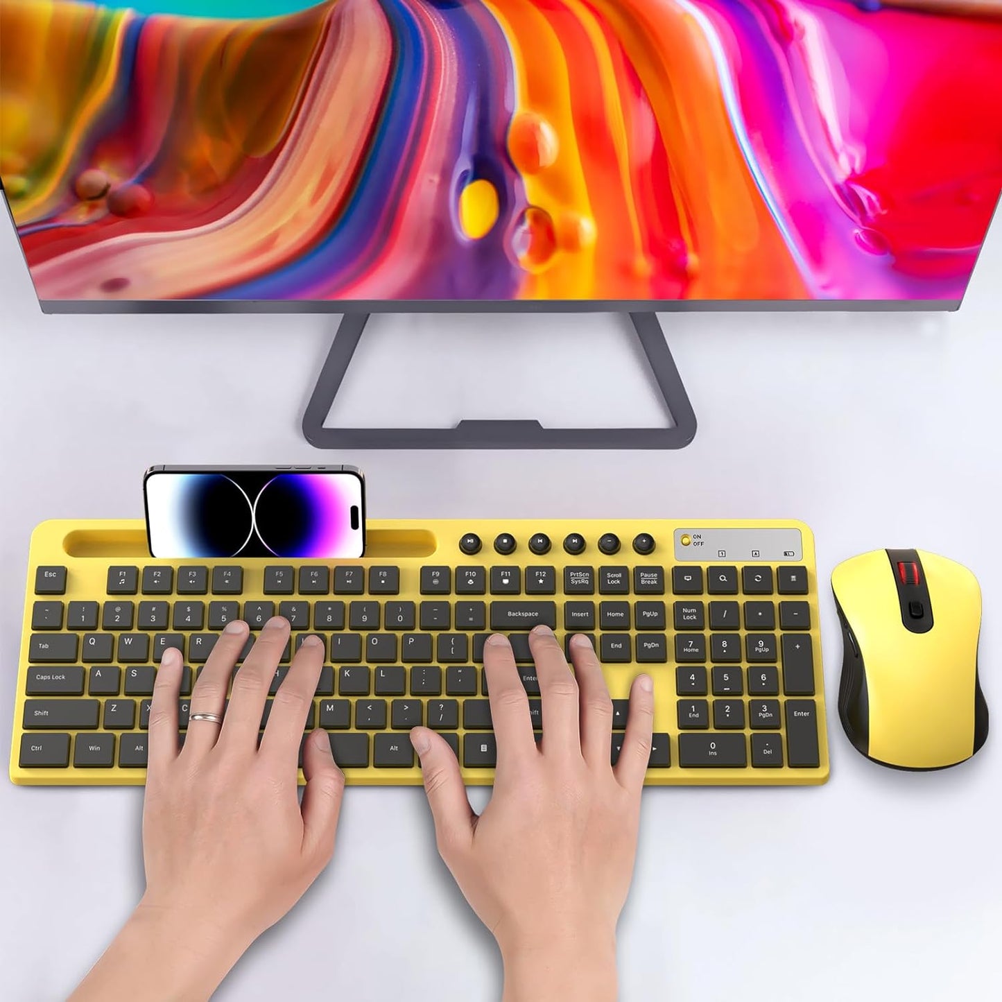 Wireless Keyboard and Mouse Combo, 2.4G Ergonomic Wireless Computer Keyboard with Phone Tablet Holder, Silent Mouse with 6 Button, Compatible with MacBook, Windows (Yellow)
