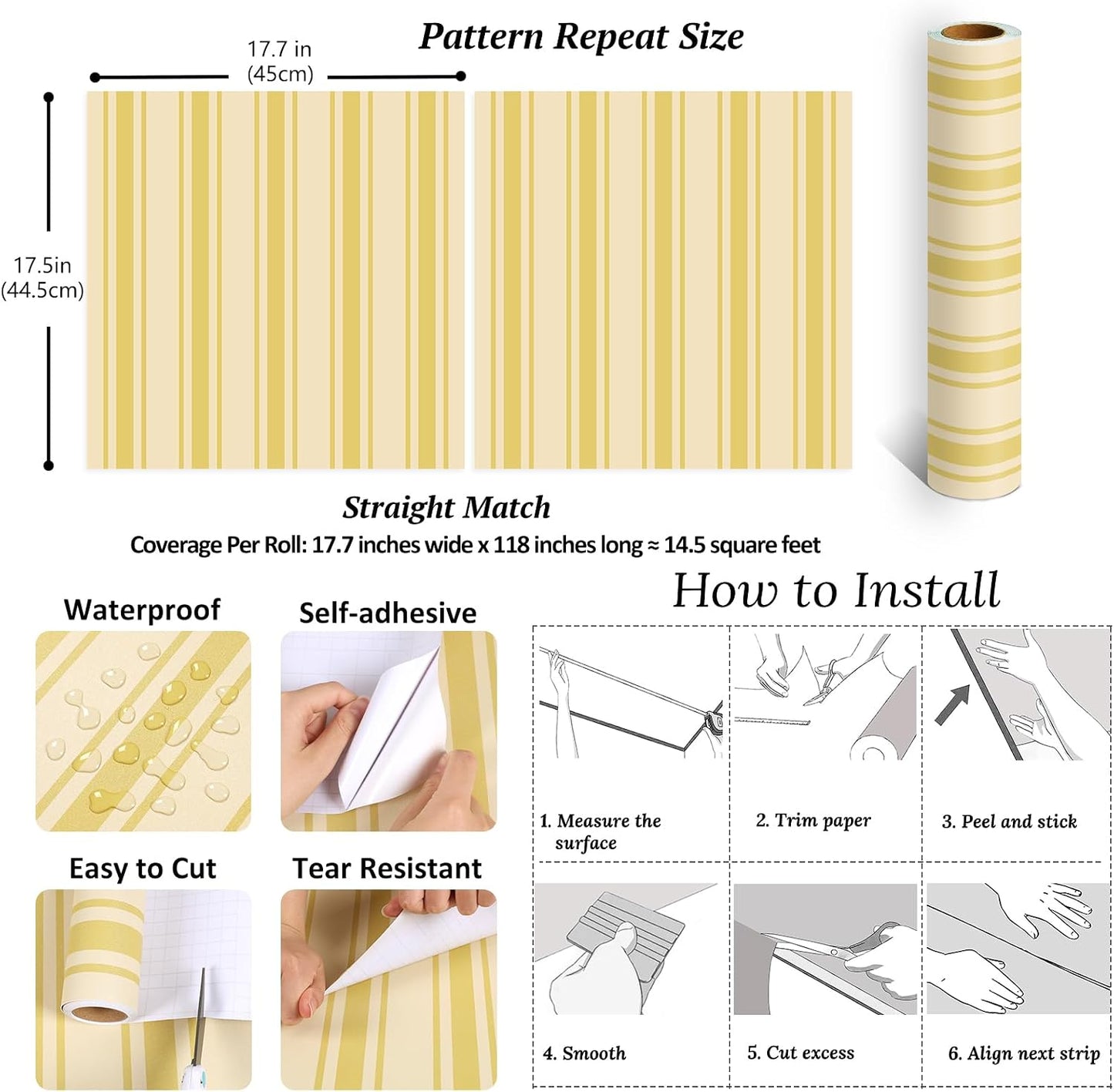 Lemon Yellow Striped Peel and Stick Wallpaper Boho Chic Geometric Stripes Wallpaper 17.7''x118'' Self Adhesive Removable Stripe Contact Paper for Shelves Walls Living Room Bedroom Renters