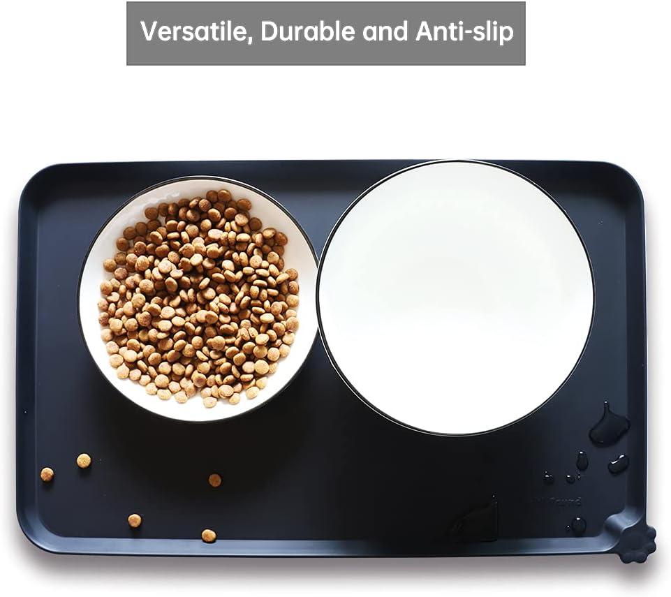 Silicone Pet Food Mats Tray - Non Slip Pet Bowl Mats Placemat - Dog Cat Feeding Mat - Waterproof Dog Food Mats -Pet Water Mats for Floors -Black