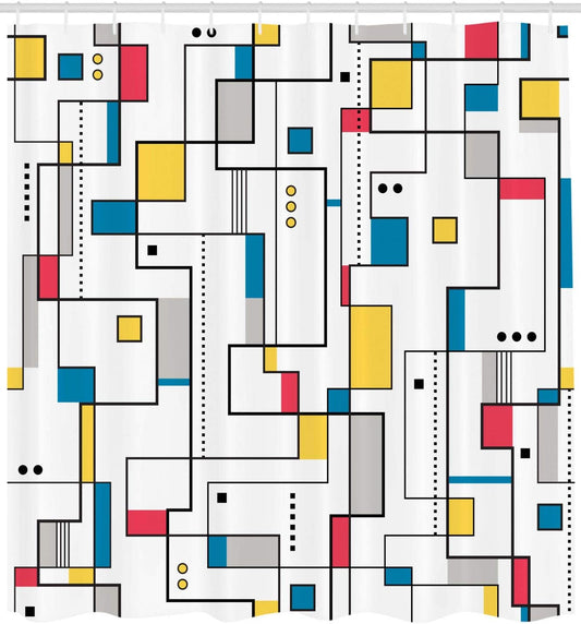 Abstract Shower Curtain, Pattern with Geometric Minimalistic Modern Contemporary Art Elements, Cloth Fabric Bathroom Decor Set with Hooks, 69" W x 75" L, Yellow White