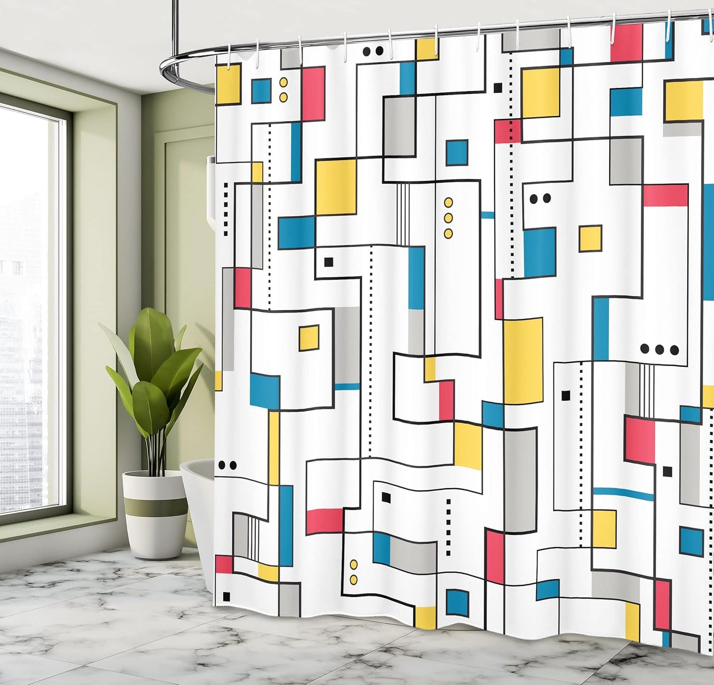 Abstract Shower Curtain, Pattern with Geometric Minimalistic Modern Contemporary Art Elements, Cloth Fabric Bathroom Decor Set with Hooks, 69" W x 75" L, Yellow White