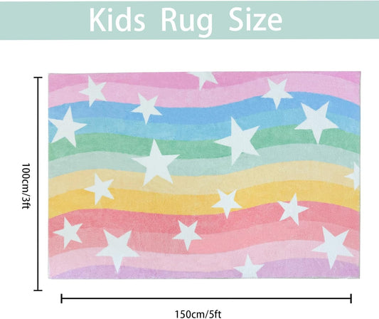 Kids Rug Carpet 3x5Ft - Rainbow Stars Play Mat for Boys Girls Bedroom, Colorful Washable Pink Yellow Blue Stripes, Area Rug for Living Room Playroom Nursery Classroom Decor, Children's Rug