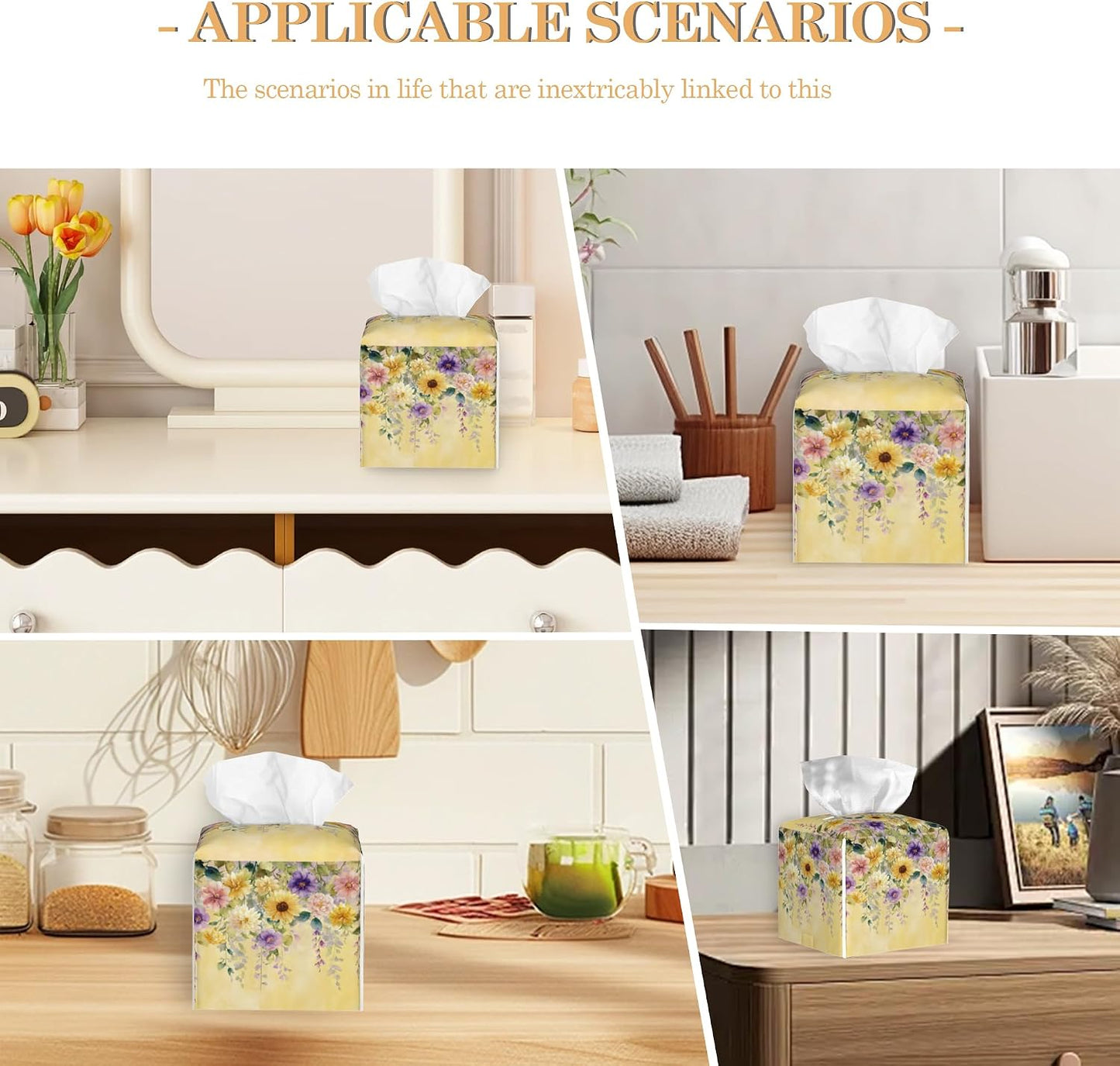 Tissue Box Cover, Yellow Wisteria Flowers Tissue Box Holder Waterproof Leather Facial Paper Organizer Dispenser for Bathroom Home Car Nightstand Vanity