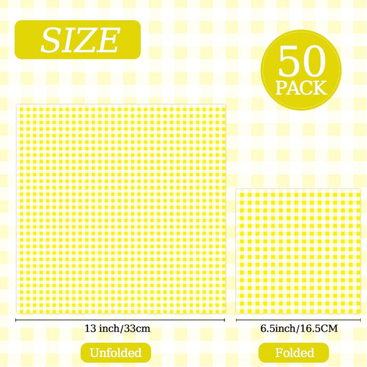 50 Pcs Yellow Gingham Paper Napkins, Disposable Yellow and White Checkered Luncheon Napkin Plaid Dinner Beverage Napkin for Picnic Baby & Bridal Shower Wedding Birthday Party Decorations