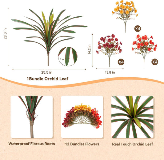 INXUGAO Artificial Fall Flowers UV Fake Orchid Plant Mum for Outdoors Decor | 12 Bundles Morning Glory + Orchid Leaf UV Resistant Silk Flowers Daisy for Outside Porch Planter Patio Decor (Autumn Mixed)