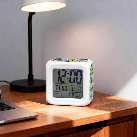 Yellow Lemons Alarm Clock, Watercolor Blue White Blue Mosaic Tiles Bohemian Style Digital Clock Night Light with 7 Color, Calendar Temp 12/24H Display, Snooze Model Silent Desk Clocks for Bedroom