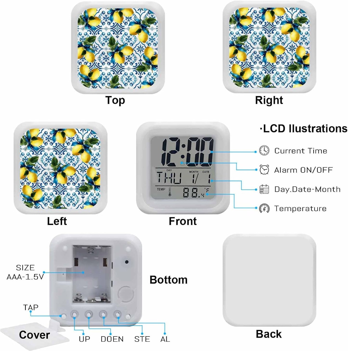 Yellow Lemons Alarm Clock, Watercolor Blue White Blue Mosaic Tiles Bohemian Style Digital Clock Night Light with 7 Color, Calendar Temp 12/24H Display, Snooze Model Silent Desk Clocks for Bedroom
