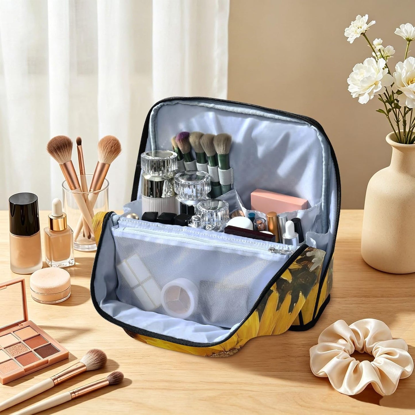 Designed Standing Makeup Bag Sunflowers Yellow | with dividers ,Waterproof Toiletry Bag For Women,Phone/Mirror Holder