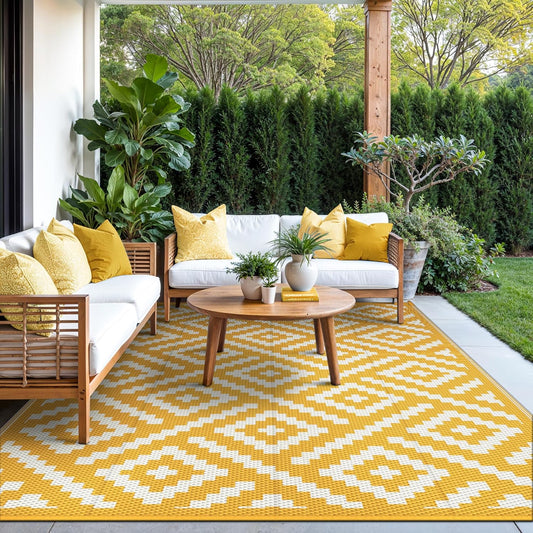 Outdoor Rug for Patio Clearance, 6'x9' Reversible Plastic Straw Rugs, Lightweight Waterproof RV Camping Mat for Camper, Balcony, Deck, Backyard, Picnic, Yellow & Beigewhite