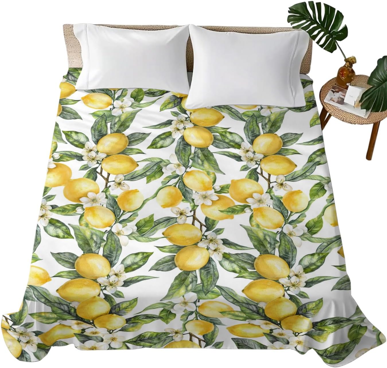Twin Size Flat Sheet Only, Summer Lemon Flower Leaf Bed Top Sheet Soft Microfiber Breathable Bedding Flat Sheets, Yellow Fruit White Floral Green Leaves Top Sheets Hotel Luxury