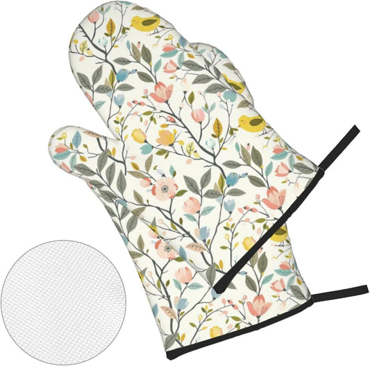 Yellow Bird&Pastel Bloom Oven Mitts and Pot Holders Set | Heat Resistant Non-Slip Waterproof Oven Gloves for Kitchen Baking Cooking BBQ, 4-Piece Set