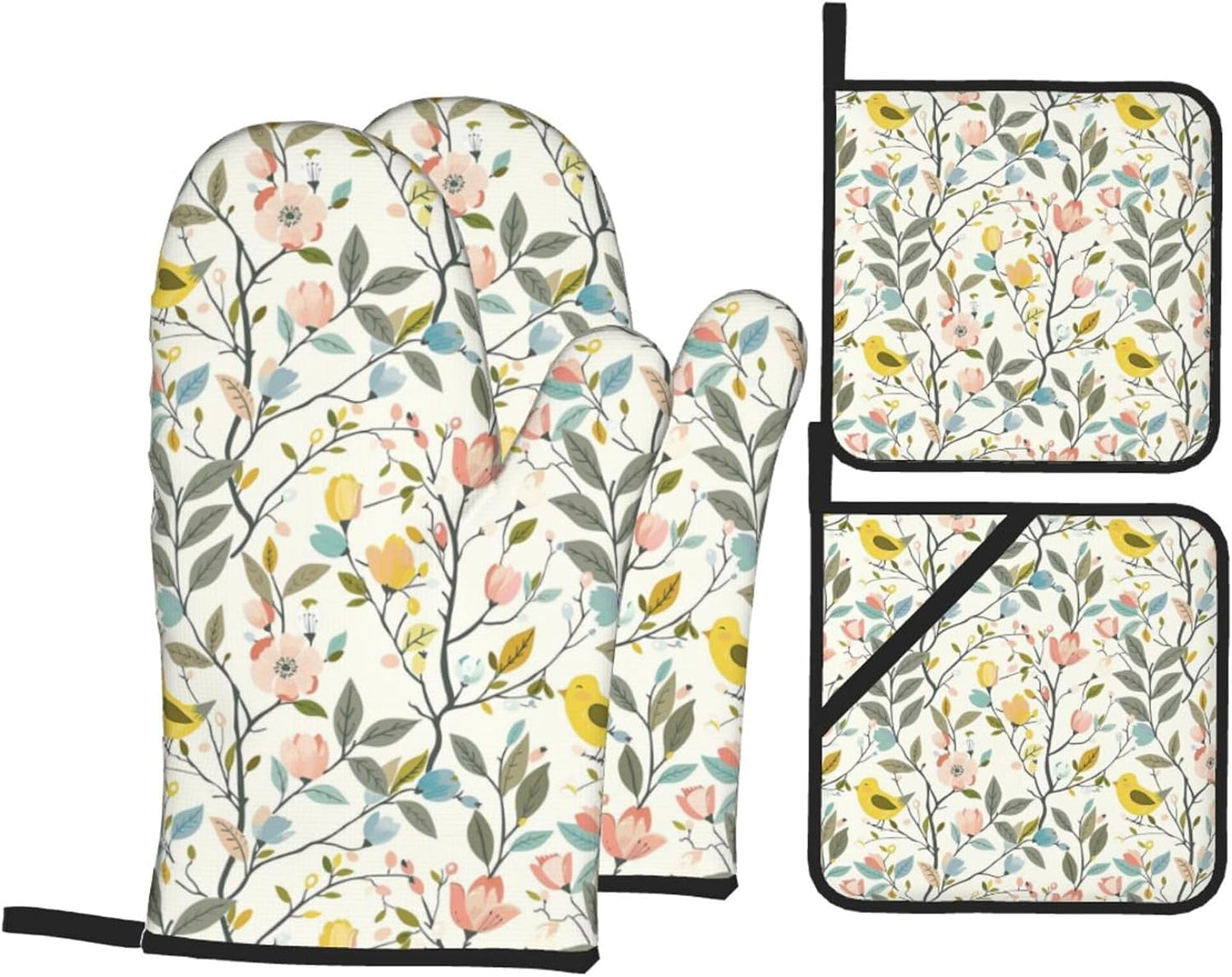 Yellow Bird&Pastel Bloom Oven Mitts and Pot Holders Set | Heat Resistant Non-Slip Waterproof Oven Gloves for Kitchen Baking Cooking BBQ, 4-Piece Set