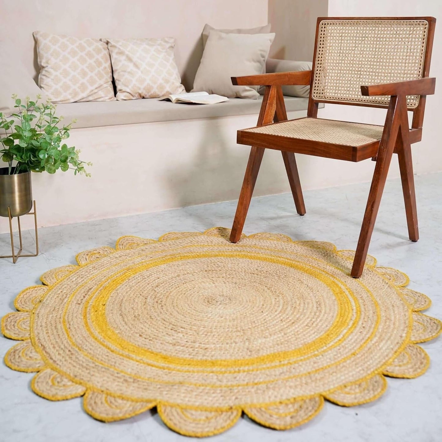 GI Loom Round Scalloped Hand-Braided Jute Rug – Natural & White Strip Design, Eco-Friendly Boho Circle Rug for Living Room, Bedroom, Entryway (3X3) Yellow