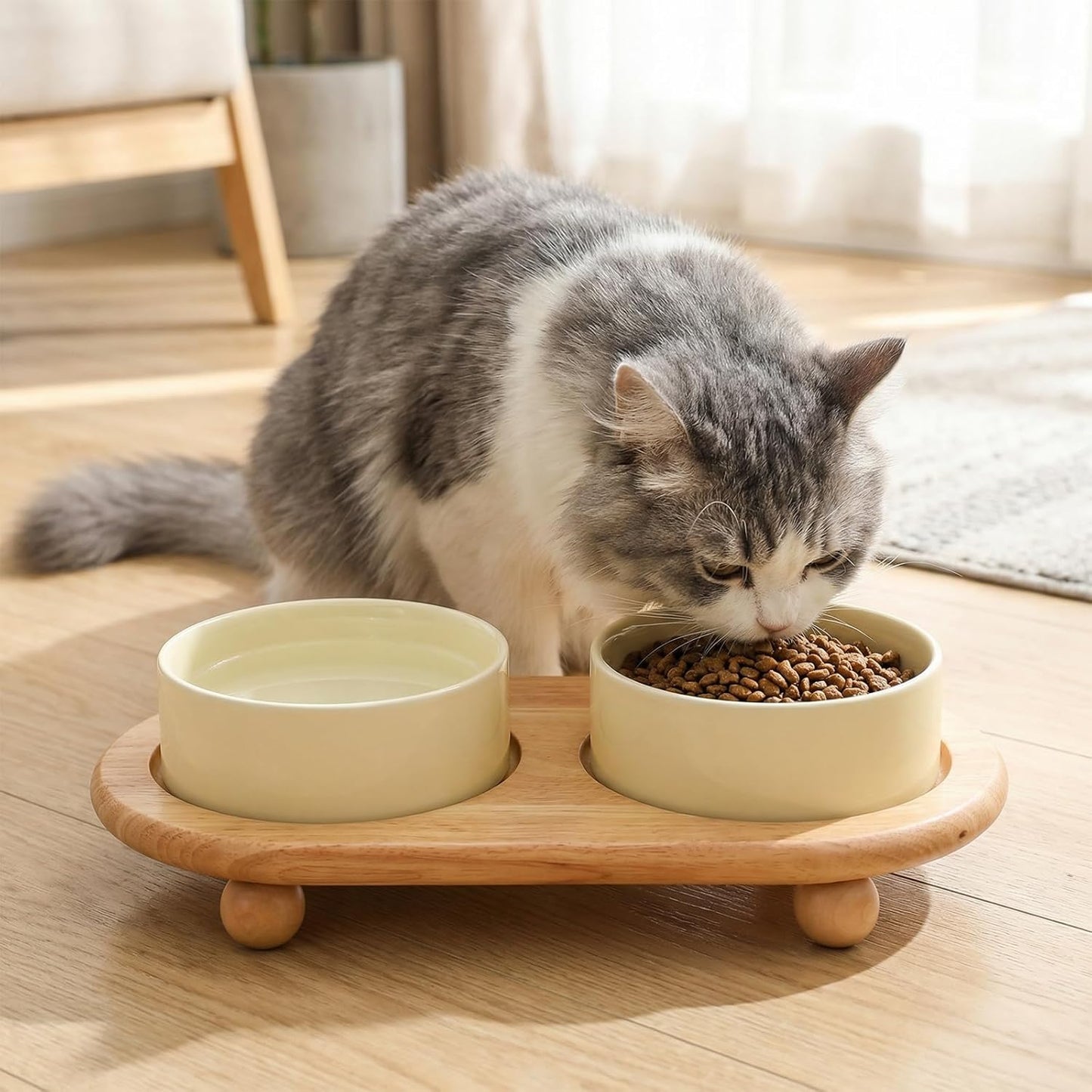 Elevated Ceramic Cat Food and Water Bowl, 5.1" Raised Double Cat Bowls with Wooden Stand, Cute Pet Food Table Feeder Wide Cats Water Dish, Non Slip Pets Feeder Stand for Cats Dog Puppy Kitty Pet