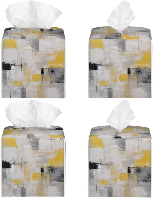 Tissue Box Covers Square, Art Painting Yellow Gray Black Decorative Tissue Box Holders Waterproof Leather Facial Paper Organizer for Bathroom Home Car Nightstand