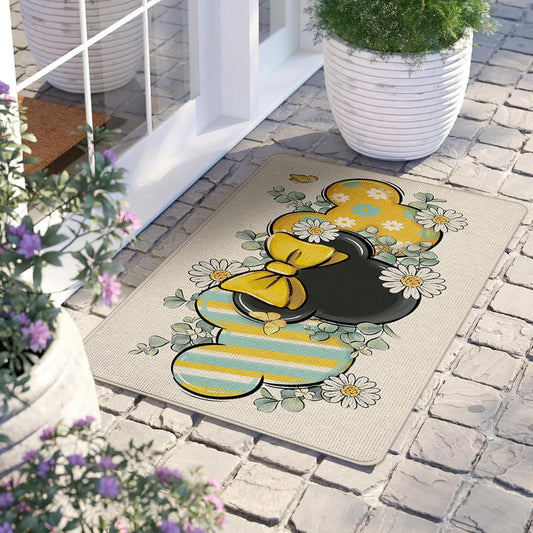 Spring Summer Decorative Front Door Mat, Daisy Flower Eucalyptus Leaves Doormat Indoor Outdoor Non-Slip Floor Entryway Rug, Teal Yellow Stripes Home Kitchen Decoration 17x29 Inch