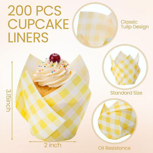 200 Pcs Yellow Gingham Tulip Cupcake Liners for Baking Plaid Paper Muffin Baking Cups Checkered Tulip Muffin Liners Wrappers for Bridal Baby Shower Wedding Birthday Party Decor