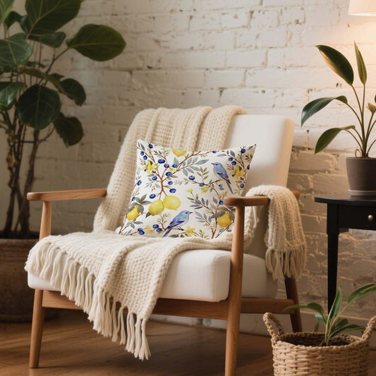 Watercolor Blue Birds Floral Throw Pillow Covers18x18,Outdoor Decoration Summer Yellow Lemon Pillowcase,Bird Lover Gifts Farmhouse Decorative Cushion Case for Couch Sofa.