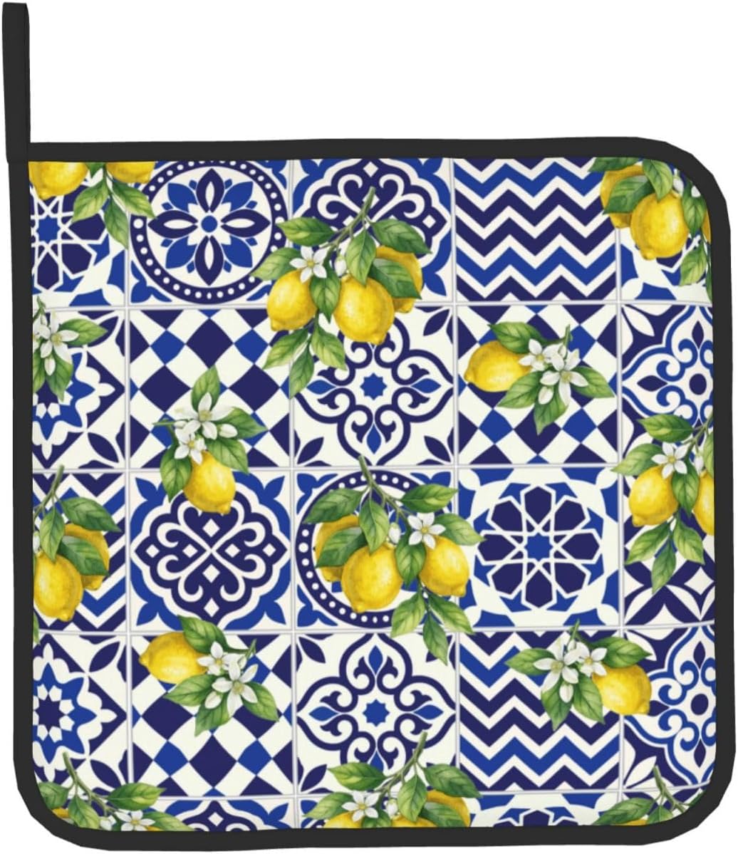 Lemon Oven Mitts and Pot Holders Sets Blue White Mediterranean Oven Mitts Heat Resistant Yellow Fruit Floral Boho Kitchen Gloves Hot Pads Two Piece Set for Summer Cooking Baking Grilling BBQ