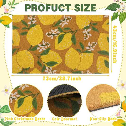 Outdoor Lemon Door Mat with Floral Design, Non Slip Coir Doormat for Front Door Entryway, 29 x 17 Inch, Mediterranean Summer Welcome Rug for Porch Patio Farmhouse Decor