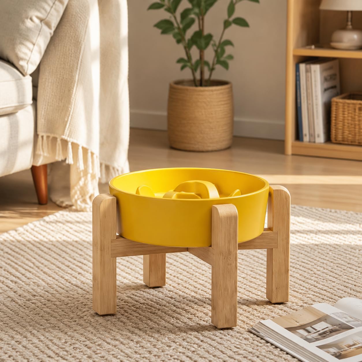 Petygooing Elevated Slow Feeder Ceramic Dog Bowls 8.26in, Slow Feeder Elevated Bowl for Small&Medium, Ceramic Slow Feeder Heavy Weighted Non-Toxic Non-Slip Puzzle Maze (Yellow, 8.26in)