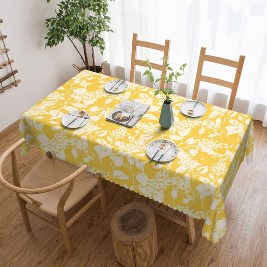 Bright Flowers Blooming Rectangular Tablecloth, Yellow Floral 54x72 Inch Wavy Lace Border Polyester Table Cloth for Dining, Kitchen, Parties