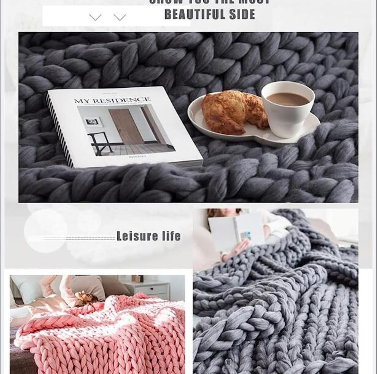 Chunky Knit Blanket Throw Soft Chunky Wool Yarn Big Knitted Throw Blanket 100% Hand Knit Warm & Cozy Blanket Couch Bed Home Decor Soft Breathable Fleece Throw,Yellow,60x60cm(24x24inch)