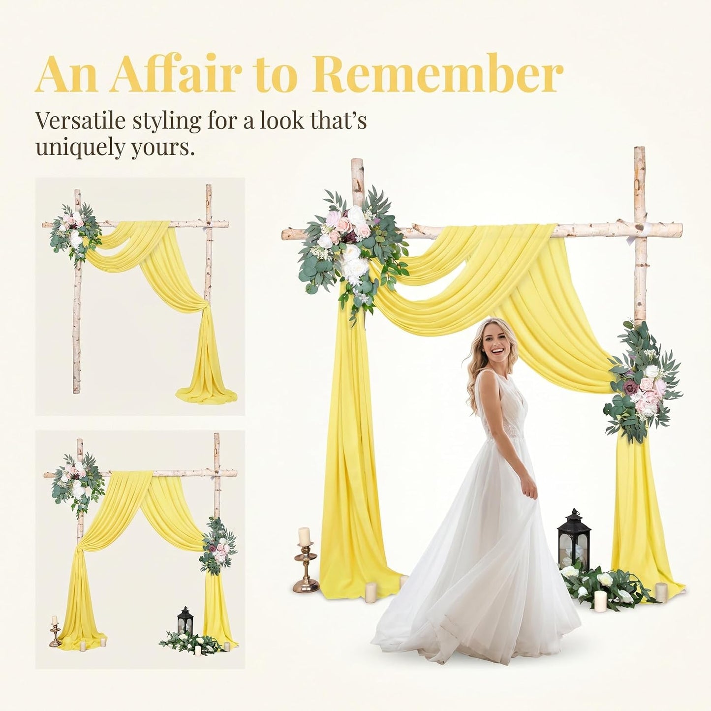 Yellow Chiffon Wedding Arch Draping 18FT 2 Panels Sheer Fabric | Semi-Sheer Chiffon, for Wedding Ceremony, Arch Backdrop, Reception, Baby Shower, Wrinkle-Free & Reusable, 6 Yards Each Panel