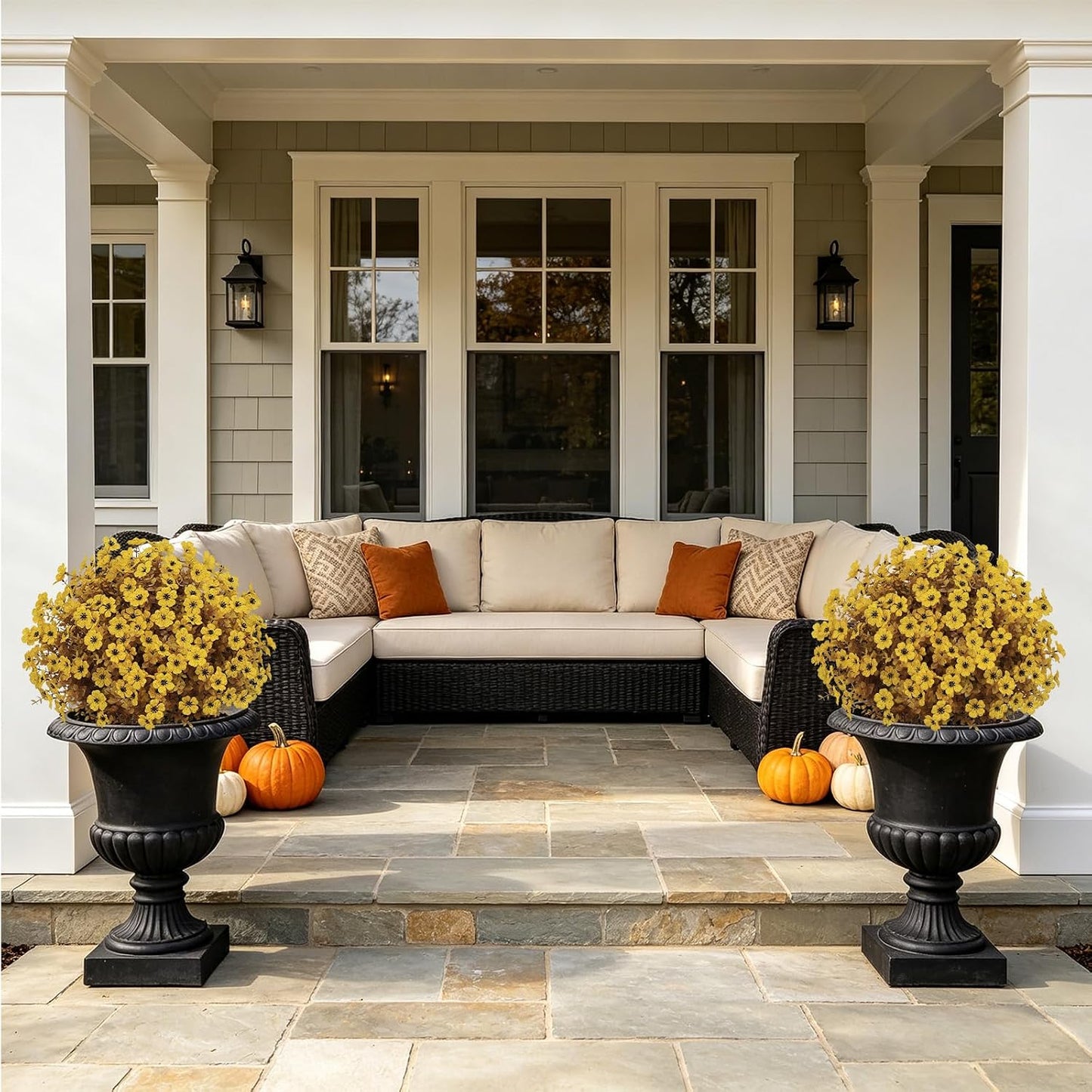 24" Artificial Fall Potted Plants Outdoor Set of 2, UV Resistant Faux Yellow Daisy Mums Flowers with Eucalyptus, Decorative Plants in Pots for Front Porch, Patio & Entryway
