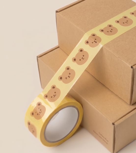 Cute Bear Packing Tape (Pack of 2) 1.9 in x 44 yd (48mm x 40m) | Cute Bear Pattern Tape, Yellow Decorative Packing Tape
