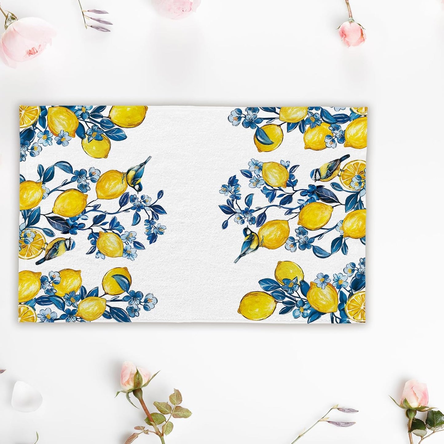 Summer Lemon Bird Kitchen Towels, Geometric Pattern Dish Towels Set of 2, Blue Tile Amalfi Coast Lemon 18 x 26 Inch Hand Towel Quick Drying Dishcloth Decor for Kitchen Bathroom Home
