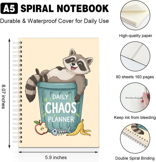 Daily Chaos Planner Horizontal Lined Spiral Notebook, Funny Raccoon Trash Panda Spiral Journal, Cute Chaos Coordinator Gifts for Women Friend Coworker Teacher Student, Work School Desk Planner