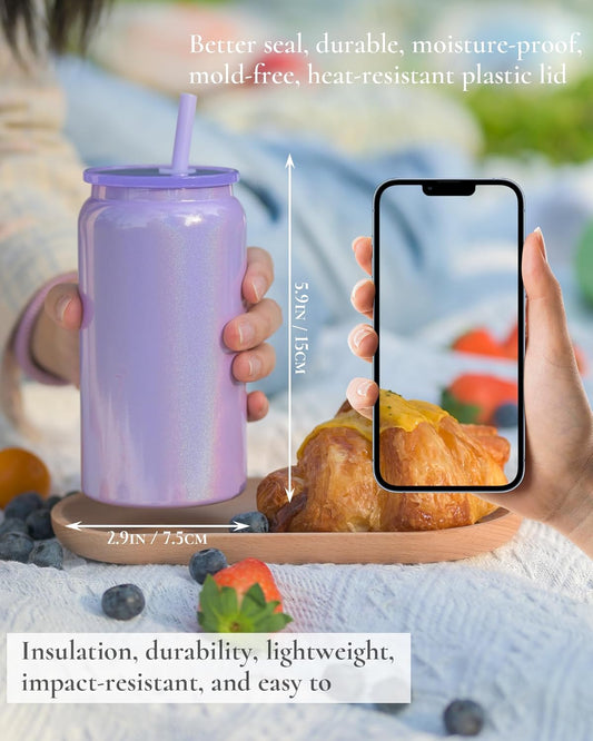 16 oz Sublimatable Tumbler, Insulated Tumbler with Straw | Reusable Iced Coffee Cup with Lid and Straw, Stainless Steel Tumbler with Straw, Yellow, Smooth Sublimation Coating