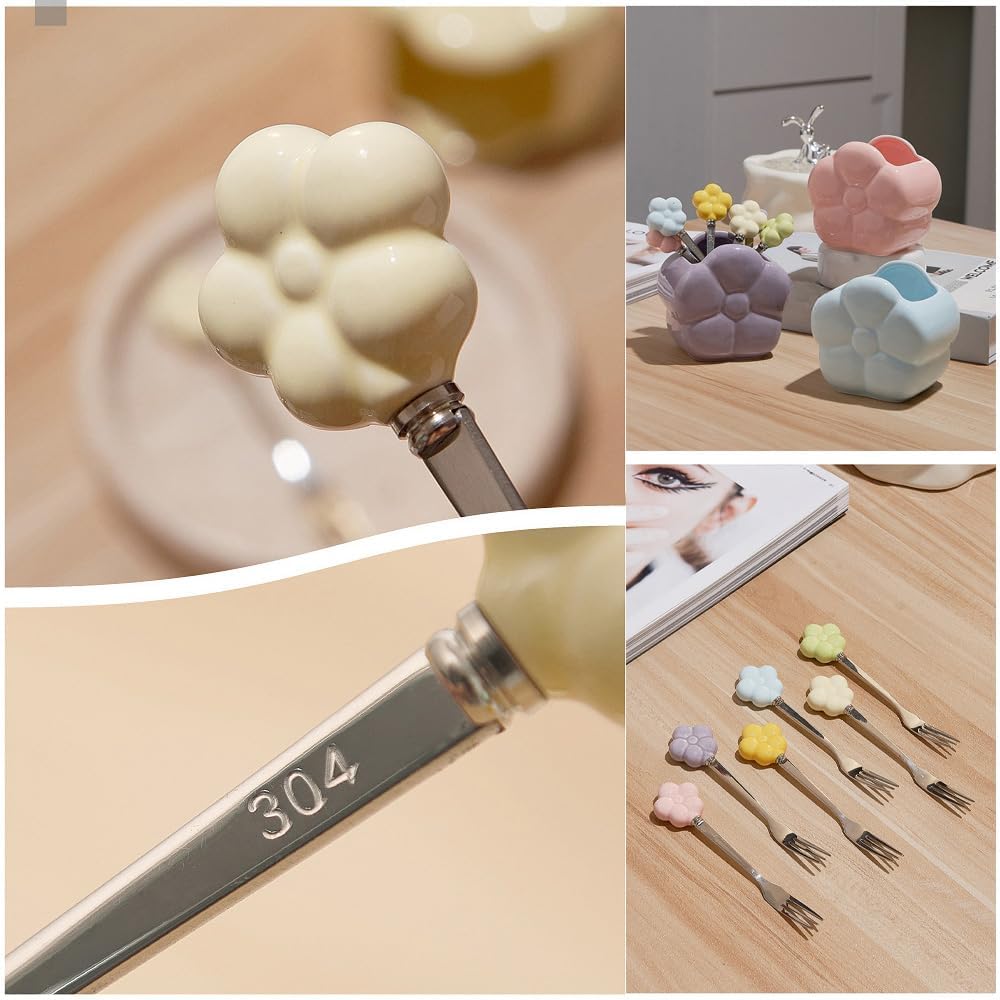 (6 Pieces) Ceramic Storage Jar Stainless Steel Fruit Fork Dessert Spoon Desktop Decoration Set Afternoon Tea Spoon Fork (Cream Yellow,Fork)