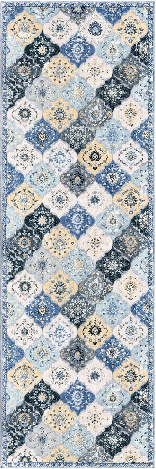 2x6 Runner Rug, Moroccan Super Soft Washable Hallway Entryway Runner Rug, Accent Print Faux Wool Kitchen Runner Rug 6 Feet Non-Slip Boho Rug Runner for Bedroom, Beige Blue/Yellow/Multi