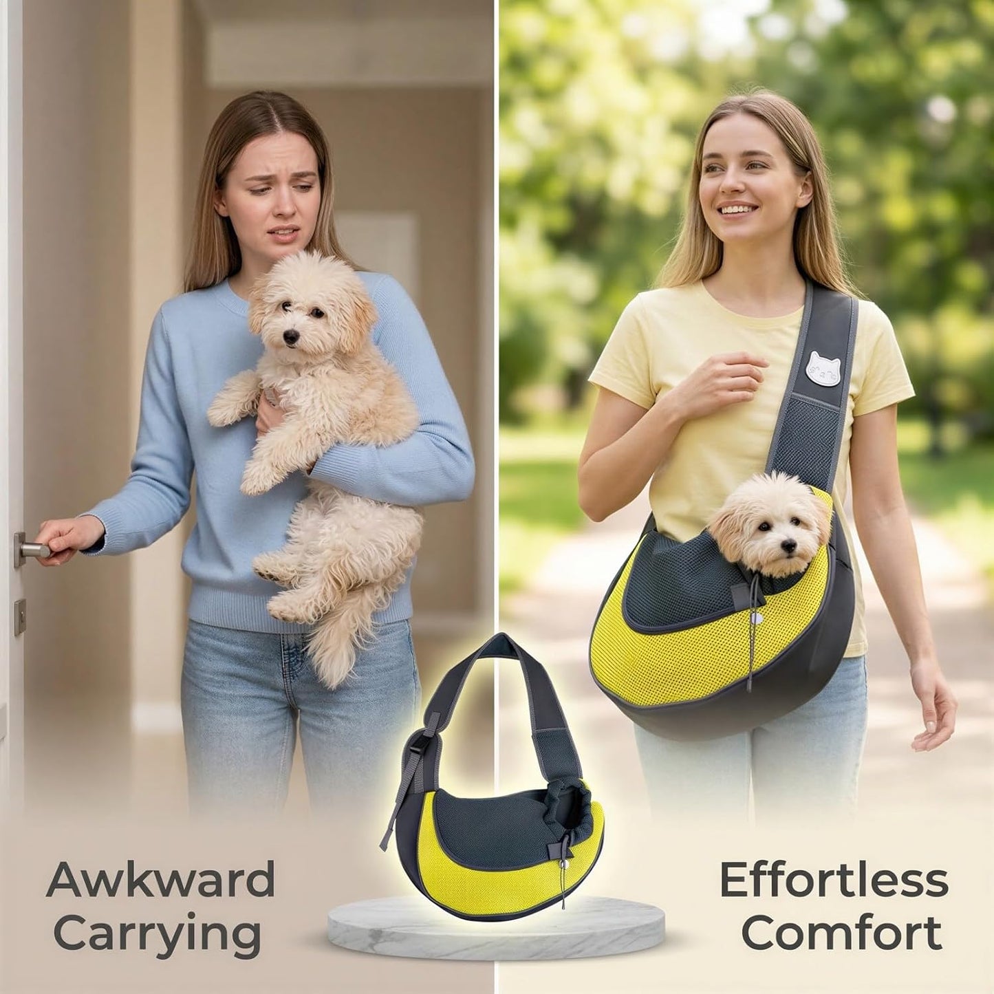Yellow Mesh Pet Sling Carrier for Cats and Small Dogs, Polyester Handsfree Crossbody Pouch, Breathable Outdoor Travel Bag with Safety Buckle and Drawstring Closure, 13 x 9.1 in