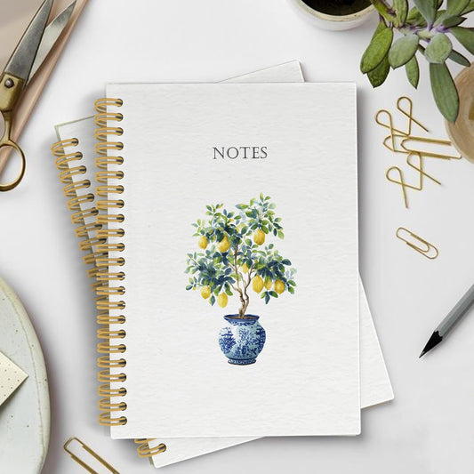 Chinoiserie Lemon Spiral Notebook Journal, Grandmillennial Fruit Notebooks for Note Taking, Lemon Themed Gifts for Women, Fruit Hardcover Spiral Journal 5.5x8.3 Inches
