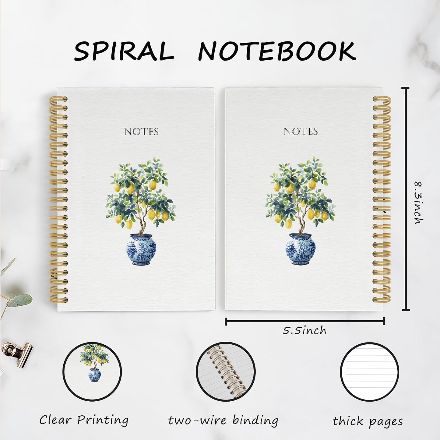 Chinoiserie Lemon Spiral Notebook Journal, Grandmillennial Fruit Notebooks for Note Taking, Lemon Themed Gifts for Women, Fruit Hardcover Spiral Journal 5.5x8.3 Inches